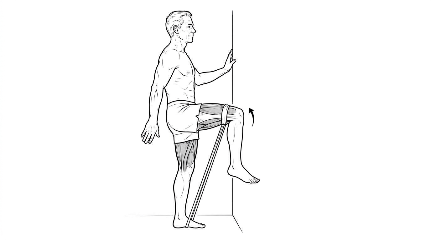 Standing single-leg knee raise (banded)